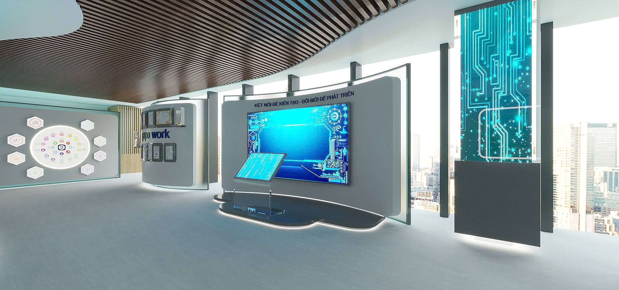 Phối cảnh thiết kế: không gian nội thất cong với màn hình LED lớn, trần gỗ dạng nan và cửa kính nhìn ra thành phố.