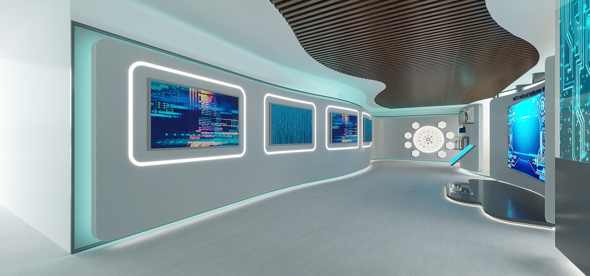 Gapo design visualization: a curved light-grey interior corridor with a wooden slatted ceiling, three screens in glowing frames along the left wall, and a circular display on the wall ahead.